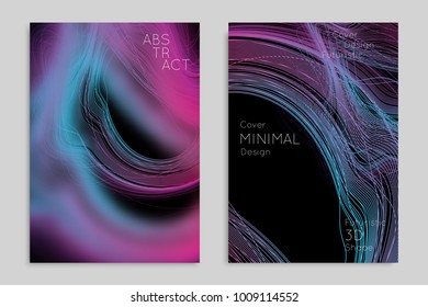 Abstract banner template with blurred geometric shapes. Poster with gradient neon colored  lines like tangled threads. Bright colorful fluid shapes on black background.