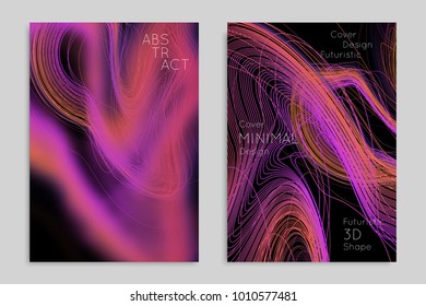 Abstract banner template with blurred geometric shapes. Poster with gradient neon colored  lines like tangled threads. Bright colorful fluid shapes on black background.