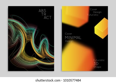 Abstract banner template with blurred geometric shapes. Poster with gradient neon colored  lines like tangled threads. Bright colorful fluid shapes on black background.