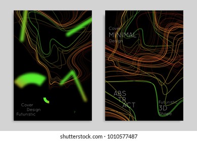 Abstract banner template with blurred geometric shapes. Poster with gradient neon colored  lines like tangled threads. Bright colorful fluid shapes on black background.