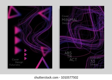 Abstract banner template with blurred geometric shapes. Poster with gradient neon colored  lines like tangled threads. Bright colorful fluid shapes on black background.