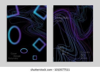 Abstract banner template with blurred geometric shapes. Poster with gradient neon colored  lines like tangled threads. Bright colorful fluid shapes on black background.