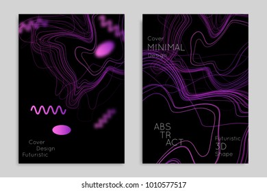 Abstract banner template with blurred geometric shapes. Poster with gradient neon colored  lines like tangled threads. Bright colorful fluid shapes on black background.