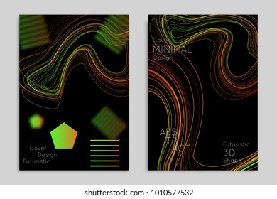 Abstract banner template with blurred geometric shapes. Poster with gradient neon colored  lines like tangled threads. Bright colorful fluid shapes on black background.