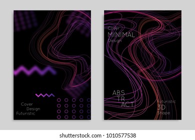 Abstract banner template with blurred geometric shapes. Poster with gradient neon colored  lines like tangled threads. Bright colorful fluid shapes on black background.