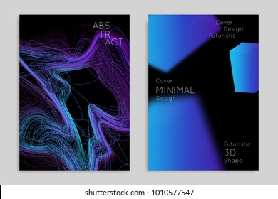 Abstract banner template with blurred geometric shapes. Poster with gradient neon colored  lines like tangled threads. Bright colorful fluid shapes on black background.