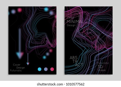 Abstract banner template with blurred geometric shapes. Poster with gradient neon colored  lines like tangled threads. Bright colorful fluid shapes on black background.