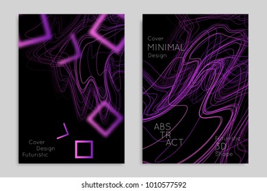 Abstract banner template with blurred geometric shapes. Poster with gradient neon colored  lines like tangled threads. Bright colorful fluid shapes on black background.