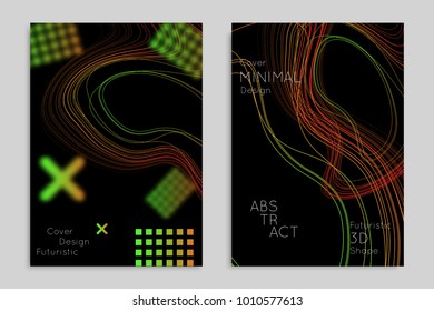 Abstract banner template with blurred geometric shapes. Poster with gradient neon colored  lines like tangled threads. Bright colorful fluid shapes on black background.