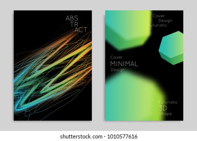 Abstract banner template with blurred geometric shapes. Poster with gradient neon colored  lines like tangled threads. Bright colorful fluid shapes on black background.