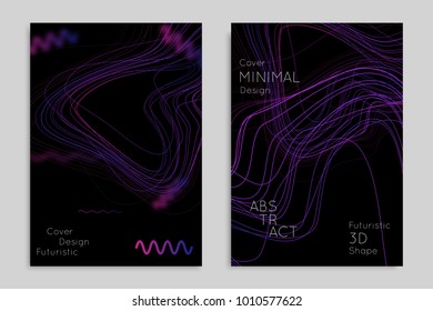Abstract banner template with blurred geometric shapes. Poster with gradient neon colored  lines like tangled threads. Bright colorful fluid shapes on black background.