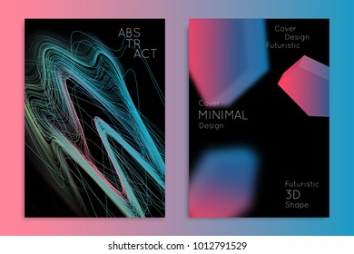 Abstract banner template with blurred geometric shapes. Poster with gradient neon colored  lines like tangled threads. Bright colorful fluid shapes on black background.