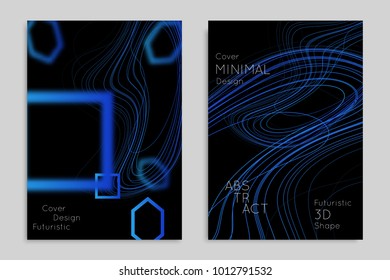 Abstract banner template with blurred geometric shapes. Poster with gradient neon colored  lines like tangled threads. Bright colorful fluid shapes on black background.