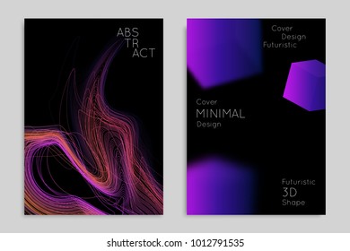 Abstract banner template with blurred geometric shapes. Poster with gradient neon colored  lines like tangled threads. Bright colorful fluid shapes on black background.