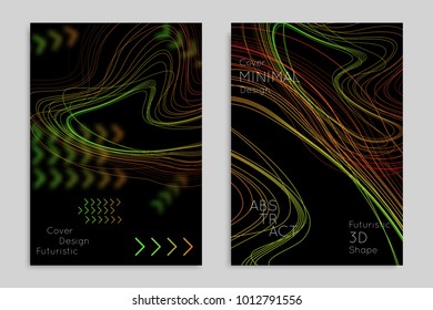 Abstract banner template with blurred geometric shapes. Poster with gradient neon colored  lines like tangled threads. Bright colorful fluid shapes on black background.