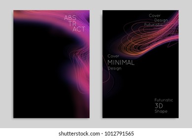 Abstract banner template with blurred geometric shapes. Poster with gradient neon colored  lines like tangled threads. Bright colorful fluid shapes on black background.