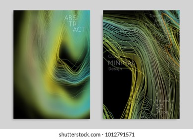 Abstract banner template with blurred geometric shapes. Poster with gradient neon colored  lines like tangled threads. Bright colorful fluid shapes on black background.