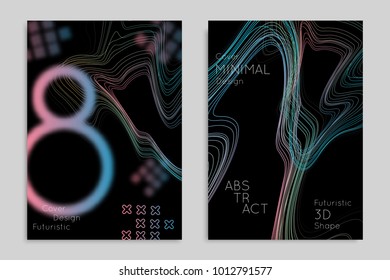 Abstract banner template with blurred geometric shapes. Poster with gradient neon colored  lines like tangled threads. Bright colorful fluid shapes on black background.