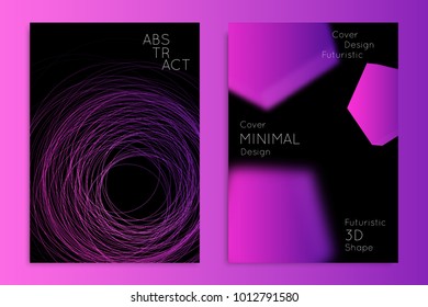 Abstract banner template with blurred geometric shapes. Poster with gradient neon colored  lines like tangled threads. Bright colorful fluid shapes on black background.
