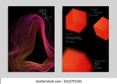 Abstract banner template with blurred geometric shapes. Poster with gradient neon colored  lines like tangled threads. Bright colorful fluid shapes on black background.