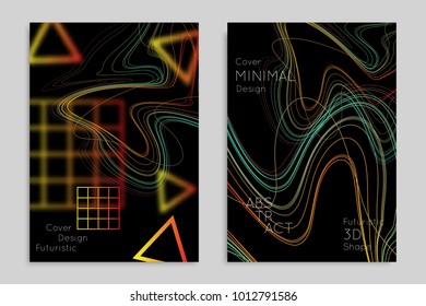 Abstract banner template with blurred geometric shapes. Poster with gradient neon colored  lines like tangled threads. Bright colorful fluid shapes on black background.