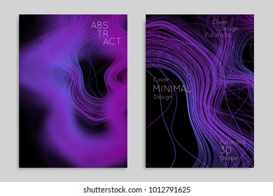 Abstract banner template with blurred geometric shapes. Poster with gradient neon colored  lines like tangled threads. Bright colorful fluid shapes on black background.