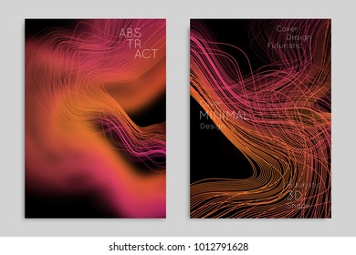 Abstract banner template with blurred geometric shapes. Poster with gradient neon colored  lines like tangled threads. Bright colorful fluid shapes on black background.