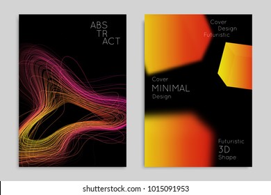 Abstract banner template with blurred geometric shapes. Poster with gradient neon colored  lines like tangled threads. Bright colorful fluid shapes on black background.