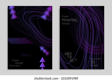 Abstract banner template with blurred geometric shapes. Poster with gradient neon colored  lines like tangled threads. Bright colorful fluid shapes on black background.