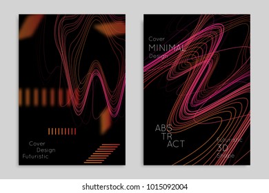 Abstract banner template with blurred geometric shapes. Poster with gradient neon colored  lines like tangled threads. Bright colorful fluid shapes on black background.