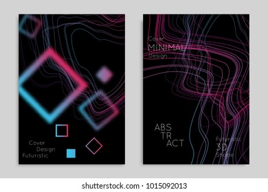 Abstract banner template with blurred geometric shapes. Poster with gradient neon colored  lines like tangled threads. Bright colorful fluid shapes on black background.