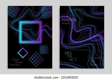 Abstract banner template with blurred geometric shapes. Poster with gradient neon colored  lines like tangled threads. Bright colorful fluid shapes on black background.