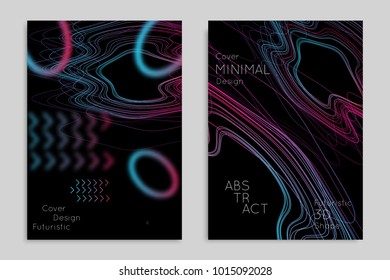 Plantilla de banner abstracta con formas geométricas borrosas. Cartel con líneas de color neón degradado como hilos enredados. Formas de fluido de color brillante sobre fondo negro.