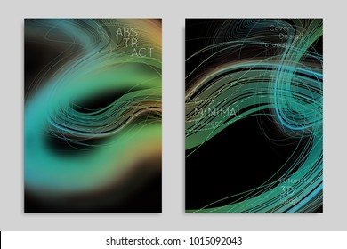 Abstract banner template with blurred geometric shapes. Poster with gradient neon colored  lines like tangled threads. Bright colorful fluid shapes on black background.