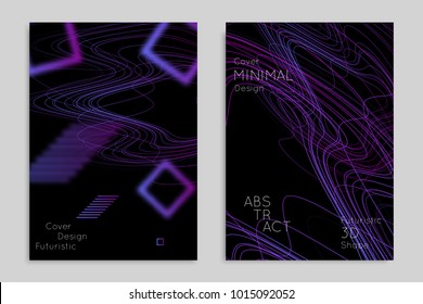 Abstract banner template with blurred geometric shapes. Poster with gradient neon colored  lines like tangled threads. Bright colorful fluid shapes on black background.