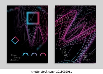 Abstract banner template with blurred geometric shapes. Poster with gradient neon colored  lines like tangled threads. Bright colorful fluid shapes on black background.