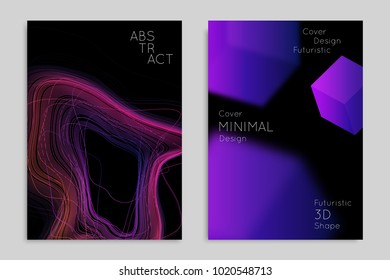 Abstract banner template with blurred geometric shapes. Poster with gradient neon colored  lines like tangled threads. Bright colorful fluid shapes on black background.