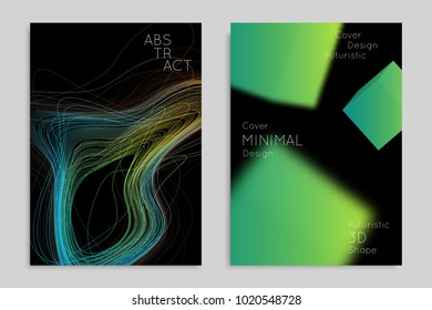 Abstract banner template with blurred geometric shapes. Poster with gradient neon colored  lines like tangled threads. Bright colorful fluid shapes on black background.