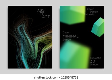 Abstract banner template with blurred geometric shapes. Poster with gradient neon colored  lines like tangled threads. Bright colorful fluid shapes on black background.