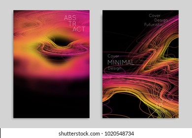 Abstract banner template with blurred geometric shapes. Poster with gradient neon colored  lines like tangled threads. Bright colorful fluid shapes on black background.