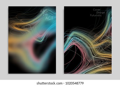 Abstract banner template with blurred geometric shapes. Poster with gradient neon colored  lines like tangled threads. Bright colorful fluid shapes on black background.