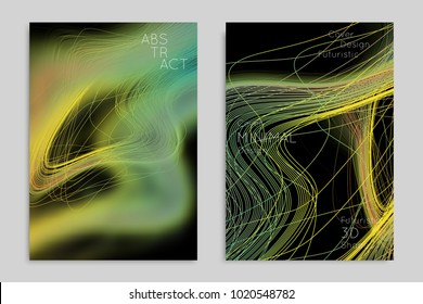 Abstract banner template with blurred geometric shapes. Poster with gradient neon colored  lines like tangled threads. Bright colorful fluid shapes on black background.