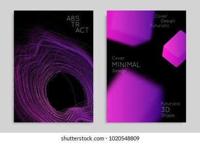 Abstract banner template with blurred geometric shapes. Poster with gradient neon colored  lines like tangled threads. Bright colorful fluid shapes on black background.