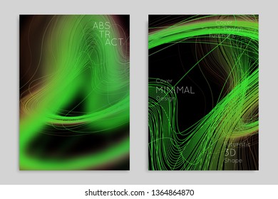 Abstract banner template with blurred geometric shapes. Poster with gradient neon colored  lines like tangled threads. Bright colorful fluid shapes on black background.