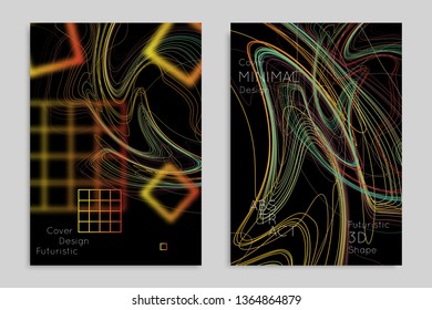 Abstract banner template with blurred geometric shapes. Poster with gradient neon colored  lines like tangled threads. Bright colorful fluid shapes on black background.