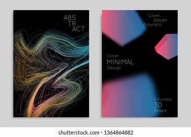 Abstract banner template with blurred geometric shapes. Poster with gradient neon colored  lines like tangled threads. Bright colorful fluid shapes on black background.