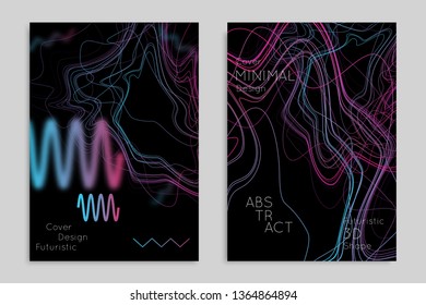 Abstract banner template with blurred geometric shapes. Poster with gradient neon colored  lines like tangled threads. Bright colorful fluid shapes on black background.