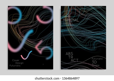 Abstract banner template with blurred geometric shapes. Poster with gradient neon colored  lines like tangled threads. Bright colorful fluid shapes on black background.