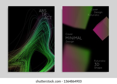 Abstract banner template with blurred geometric shapes. Poster with gradient neon colored  lines like tangled threads. Bright colorful fluid shapes on black background.