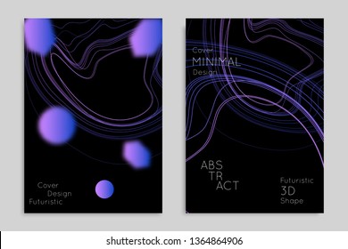 Abstract banner template with blurred geometric shapes. Poster with gradient neon colored  lines like tangled threads. Bright colorful fluid shapes on black background.